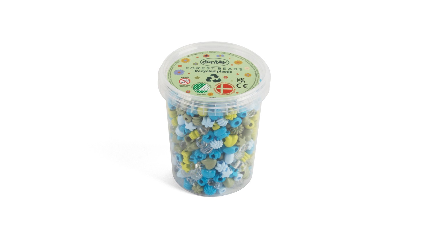 Gennemsigtig plastikbeholder fyldt med små glimtende perler i blå og grønne nuancer.